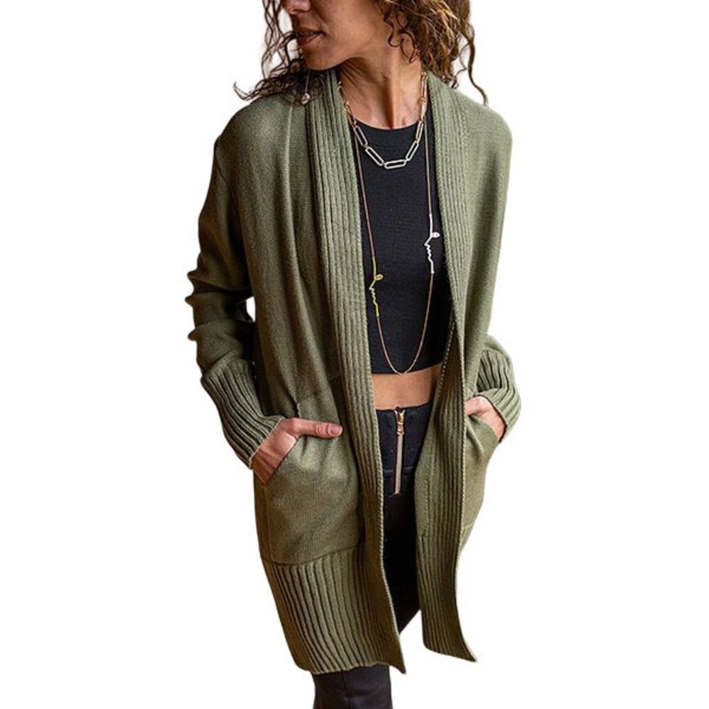 CCK Style Khaki Green Ribbed Trim Pocket Wool Blend Open Cardigan Size L